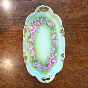 Limoges Oval Porcelain Tray 7in Floral Green Pink Gold France AK